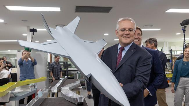 Scott Morrison visits Ferra Engineering, a defence manufacturing business in the electorate of Bonner. Picture: Jason Edwards