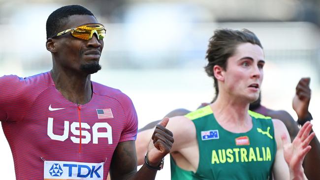 BUDAPEST, HUNGARY – AUGUST 20: Fred Kerley of Team United States and Rohan Browning of Team Australia compete in the Men's 100m Semi Final during day two of the World Athletics Championships Budapest 2023 at National Athletics Centre on August 20, 2023 in Budapest, Hungary. (Photo by Hannah Peters/Getty Images)