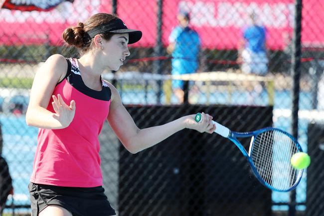 Action from the International Tennis Federation junior tournament at KDV on the Gold Coast. Picture: Tertius Pickard