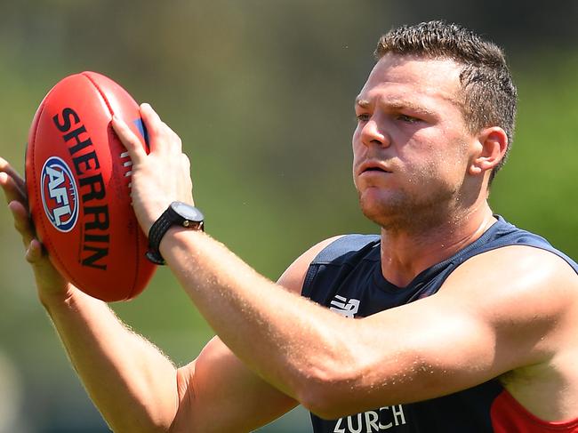 MELBOURNE, AUSTRALIA - NOVEMBER 19: Steven May of the Demons marks during a Melbourne Demons AFL training session at Gosch's Paddock on November 19, 2018 in Melbourne, Australia. (Photo by Quinn Rooney/Getty Images)