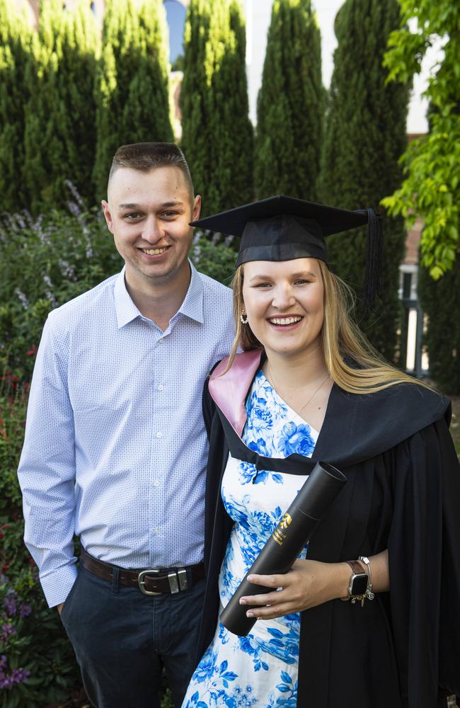 Bachelor of Education (Primary) graduate Jessica Brierley celebrates with Ben Duffield at a UniSQ graduation ceremony at The Empire, Tuesday, October 29, 2024. Picture: Kevin Farmer