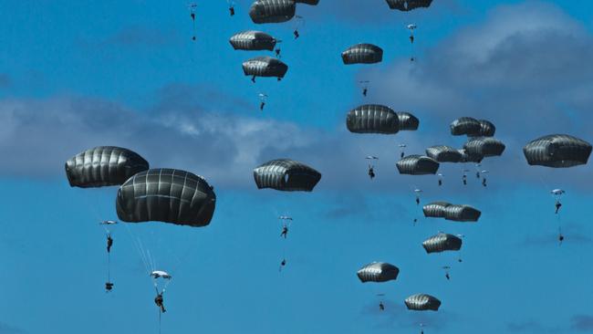 US Army paratroopers with the 509th Parachute Infantry Regiment, simulate Joint Forcible Entry Operation during Exercise Talisman Sabre 2021 in Charters Towers, Queensland. Picture: Lance Cpl. Alyssa Chuluda