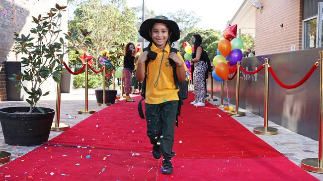 Dakshanya Yukakumar on her first day back at Homebush West Public School. Picture: Richard Dobson