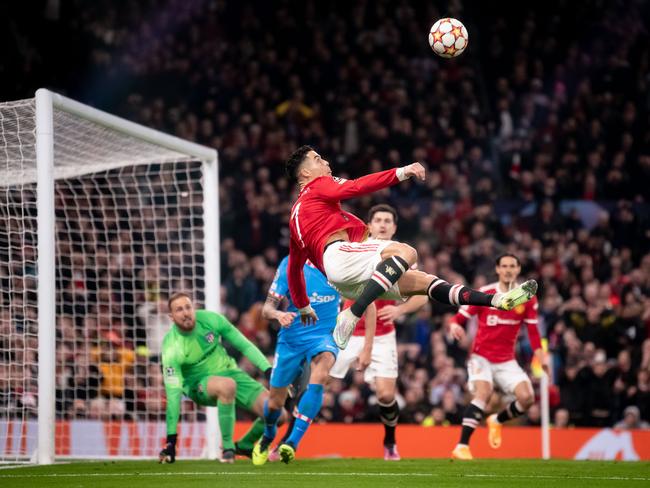 Cristiano Ronaldo lines up an overhead kick during Manchester United’s UEFA Champions League demise. Picture: Ash Donelon/Manchester United via Getty Images