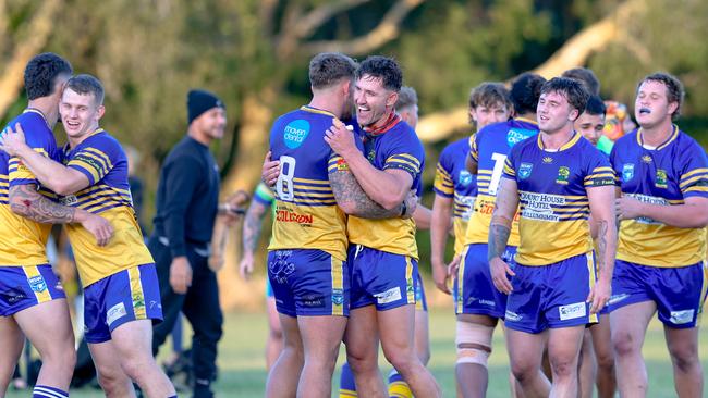 Jyde Dwyer (fourth from left) scored a hat-trick as Mullumbimby recorded a big win. Picture: DC Sports Photography