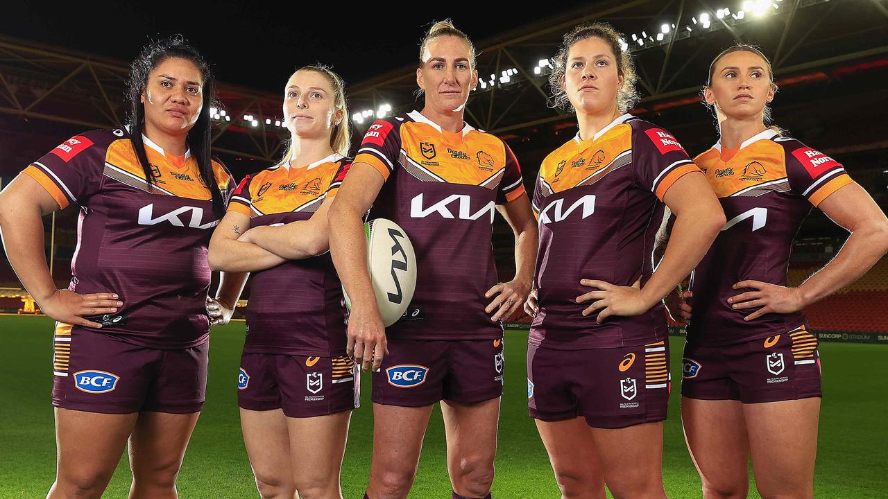 Broncos stars Amber Hall, Tarryn Aiken, Ali Brigginshaw, Chelsea Lenarduzzi and Julia Robinson before the season. Picture: Adam Head