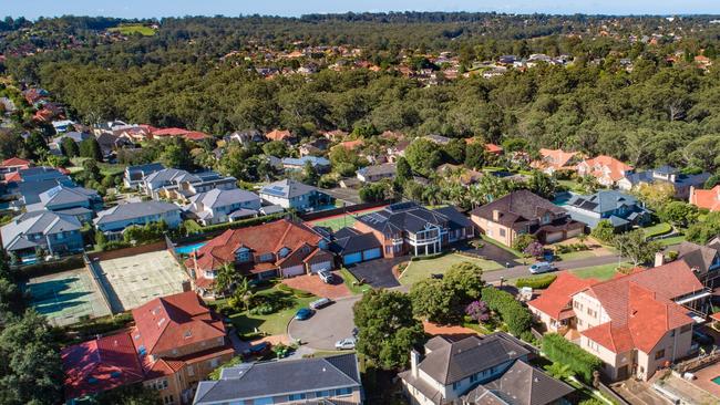 An aerial photo of homes in West Pennant Hills.