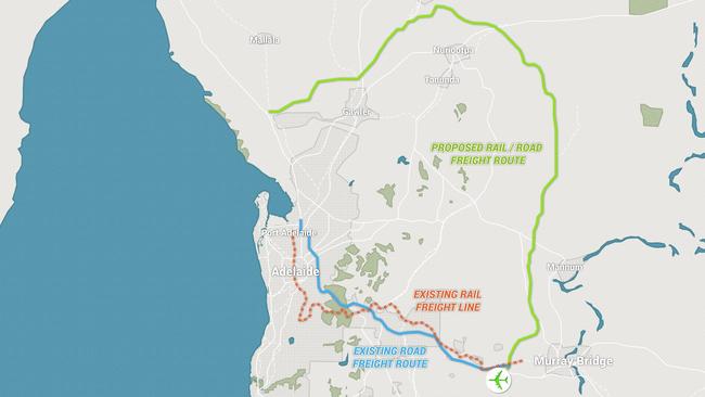 The route of the Liberals’ proposed GlobeLink rail and road freight bypass of Adelaide.