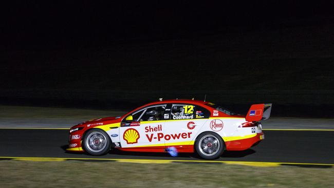 Penske Supercars driver Fabian Coulthard and Simone de Silvestro in a night racing test at Sydney Motorsport Park at Eastern Creek. Pic: Mark Horsbrough