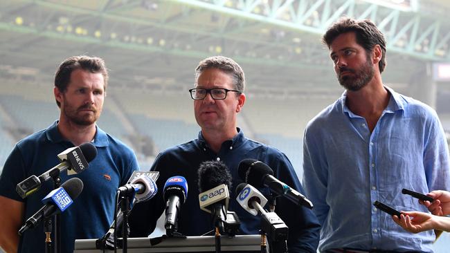 AFLPA President Patrick Dangerfield, AFLPA chief executive Paul Marsh and AFL boss Gillon McLachlan.