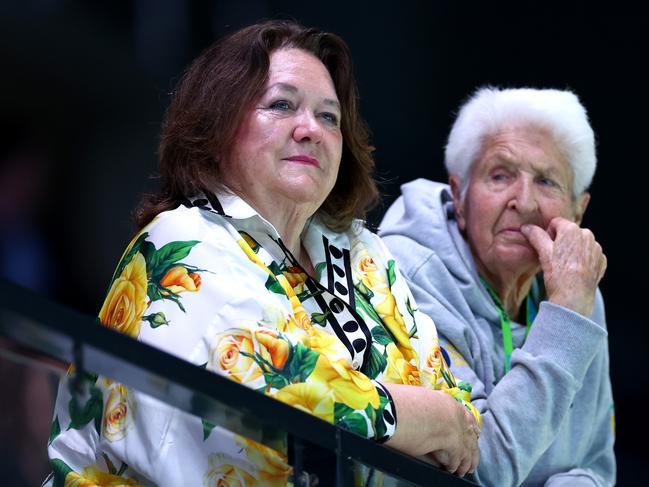 BRISBANE, AUSTRALIA - JUNE 15: Gina Rinehart and Dawn Fraser watch the WomenÃ¢â¬â¢s 1500m Freestyle Final during the 2024 Australian Swimming Trials at Brisbane Aquatic Centre on June 15, 2024 in Brisbane, Australia. (Photo by Quinn Rooney/Getty Images)