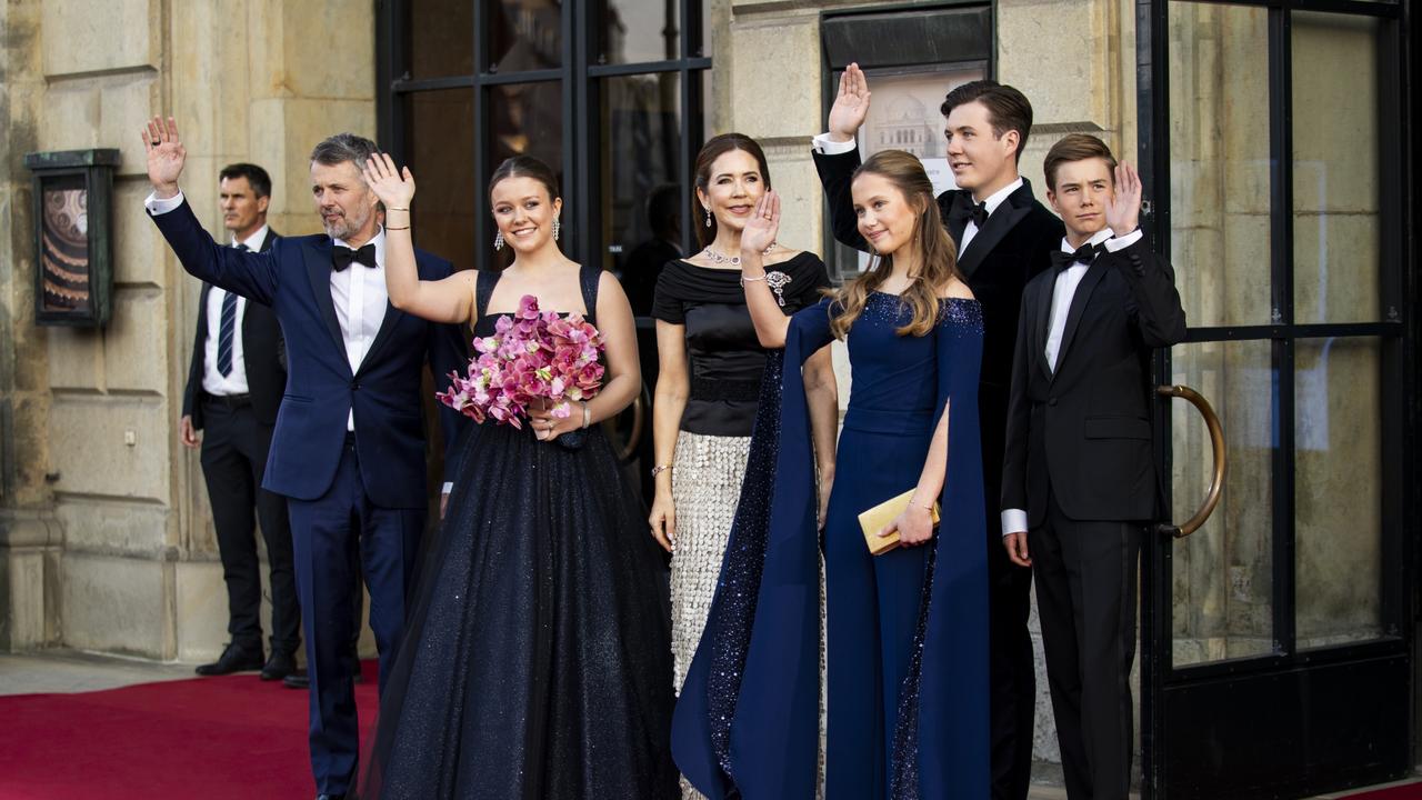 King Frederik X, Princess Isabella, Queen Mary, Princess Josephine, Crown Prince Christian and Prince Vincent arrive for Isabella's 18th birthday celebration at the Royal Theatre's Old Stage in Copenhagen on Tuesday, April 15, 2025. Picture: Ida Marie Odgaard/Ritzau Scanpix via AP