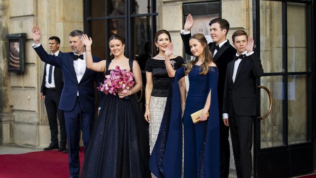 King Frederik X, Princess Isabella, Queen Mary, Princess Josephine, Crown Prince Christian and Prince Vincent arrive for Isabella's 18th birthday celebration at the Royal Theatre's Old Stage in Copenhagen on Tuesday, April 15, 2025. Picture: Ida Marie Odgaard/Ritzau Scanpix via AP