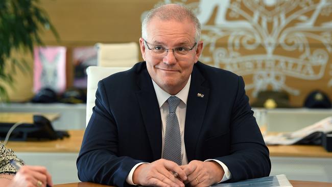 Prime Minister Scott Morrison and Foreign Minister Marise Payne at a meeting in the Commonwealth Parliament Offices in Sydney on Monday. Picture: AAP/Joel Carrett