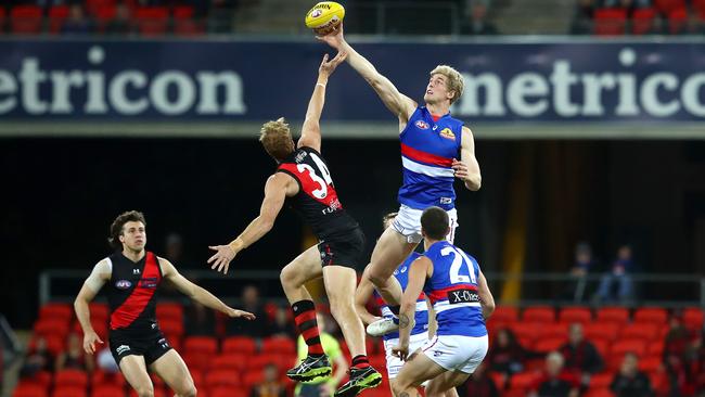 Andrew Phillips was one of many Bombers who was brushed aside by Bulldogs ruckman Tim English. Picture: Getty Images