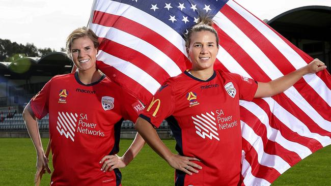 Adelaide United US imports Veronica Latsko and Amber Brooks at Marden Sports complex. Picture: Sarah Reed