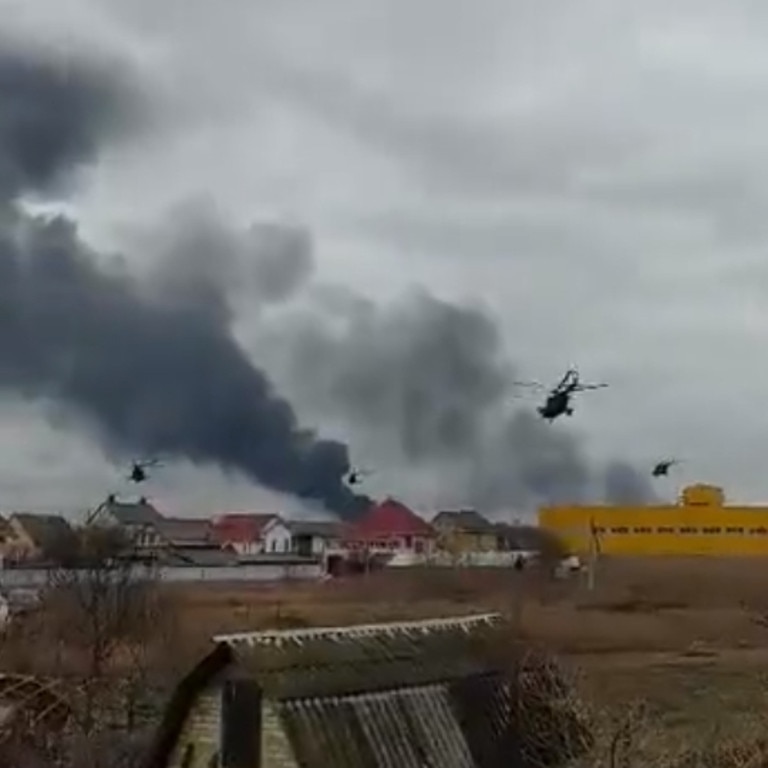 Russian helicopters in attack formation attacking Gostomel Airport, northwest of Ukraine’s capital. Picture: Supplied.