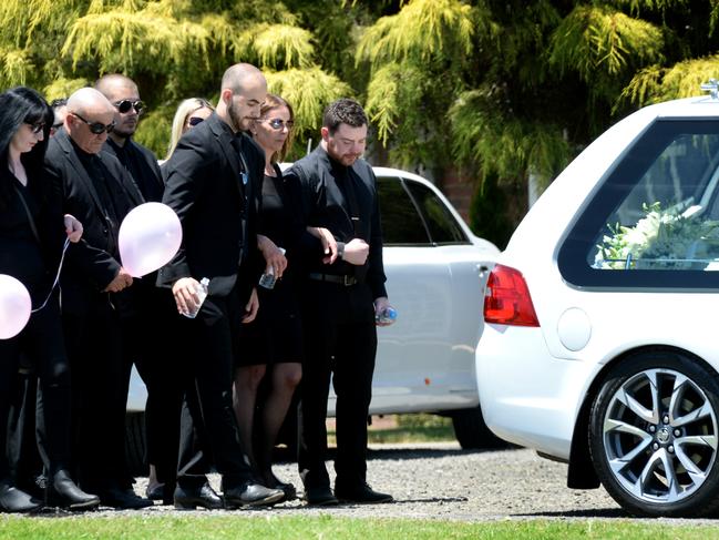 Aggie Manno (second from right) at the funeral for her daughter Celeste with Celeste's partner Chris Ridsdale and brother Alessandro. Picture: NCA NewsWire / Andrew Henshaw