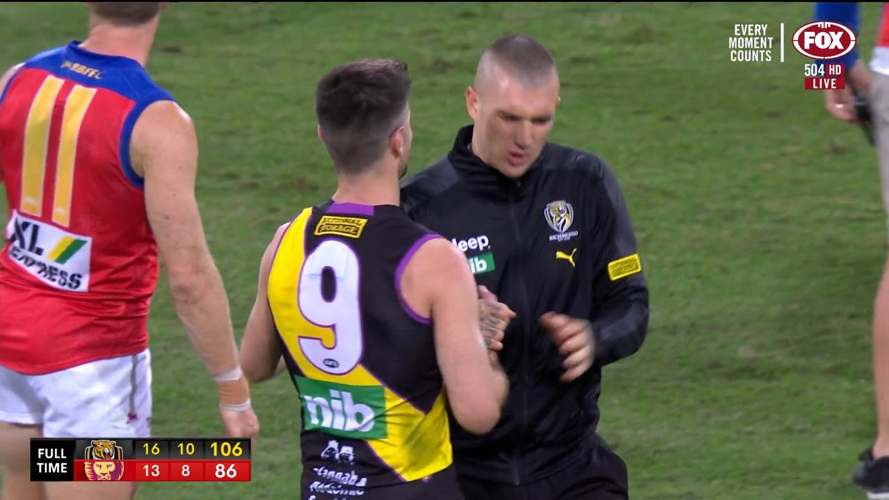Dustin Martin shaking hands at the end of the game. Photo: Kayo.