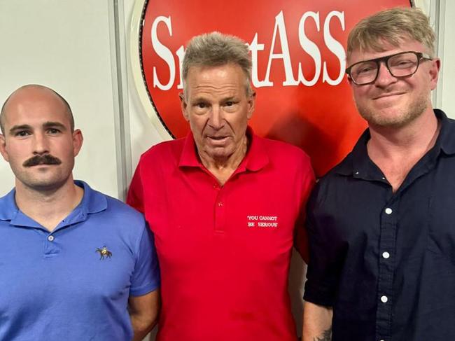 Sam Newman poses with notorious neo-Nazis Blair Cottrell and Thomas Sewell. Picture: X