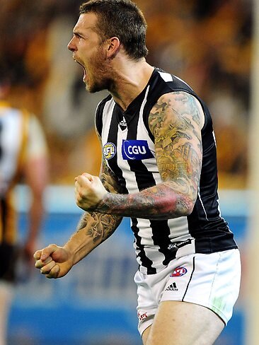 <p>Swan celebrates a goal in the preliminary final thriller. Picture: Colleen Petch</p>