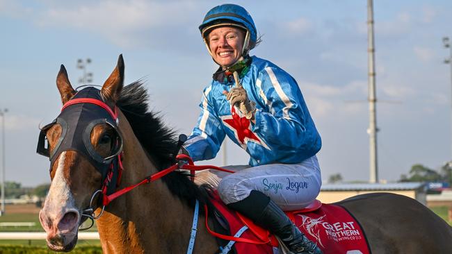 Sonja Logan winning the Darwin Guineas last Saturday on the Kym Healy-trained He’s Maverick. Picture: Caroline Camilleri