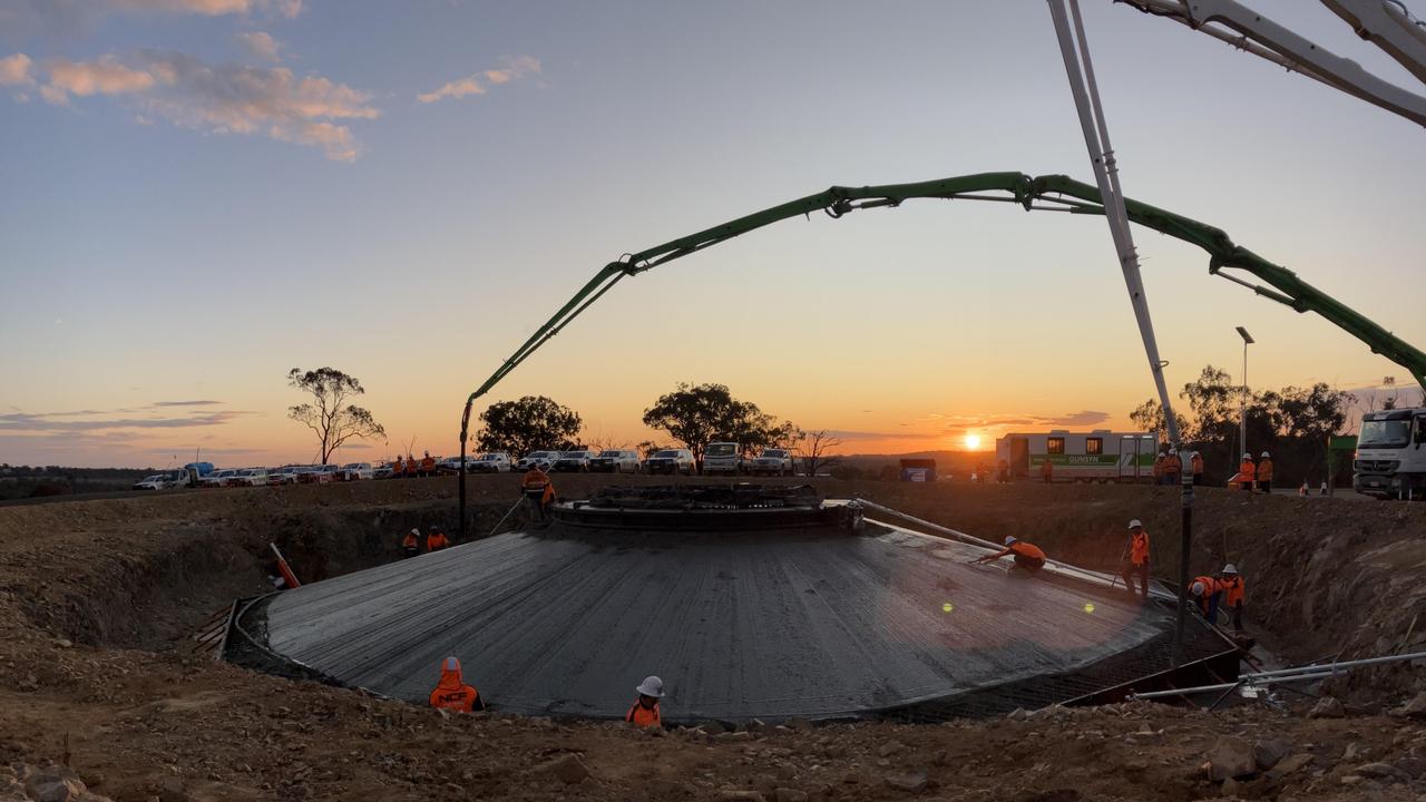 The pour of the first concrete wind turbine foundation for MacIntyre Wind Farm this month.