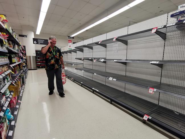 Shelves stripped of toilet paper in a Woolworth supermarket in early April. Picture: Sam Ruttyn