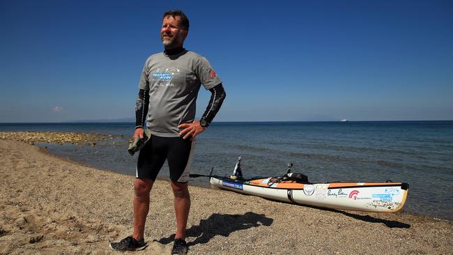 Australian adventurer Huw Kingston and wife Wendy reunite at Gallipoli next to Anzac Cove after Huw spent 12 months paddling, hiking and cycling around the Mediterranean Sea.