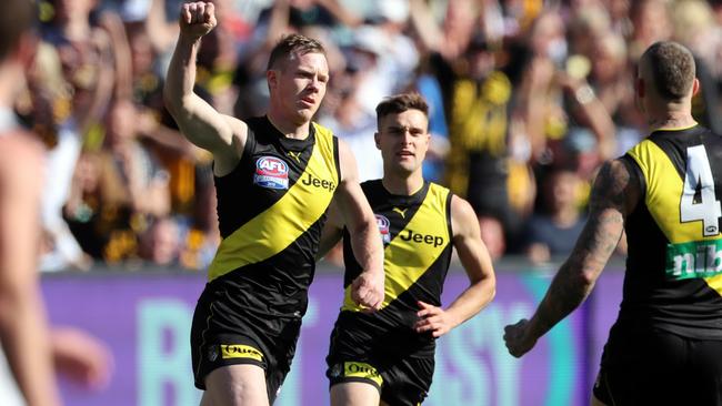 Jack Riewoldt celebrates one of his five goals. Picture: Alex Coppel.