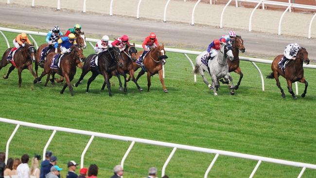 Jockey Luke Currie scoots along on Sunlight. Pic: AAP