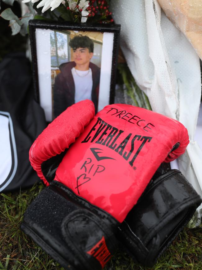 Boxing gloves left in memory of Tyrese Bechard. Picture: John Grainger