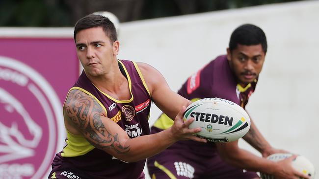 Kodi Nikorima and Anthony Milford. The Brisbane Broncos training at Red Hill. Pic Peter Wallis