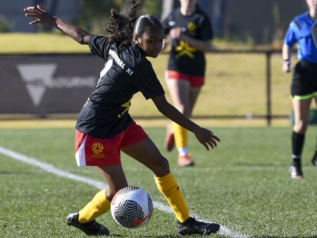 Indigenous Invitational XI midfielder Alisha Mays in action on day one of the Football Australia Girls National Youth Championships. Picture: Mark Avellino Photography