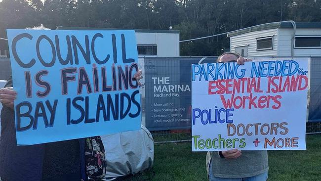 Island residents blocked the entry to a council work site as part of their protest over what they call a broken council promise over carparking at Weinam Creek ferry terminal. Picture: Contributed