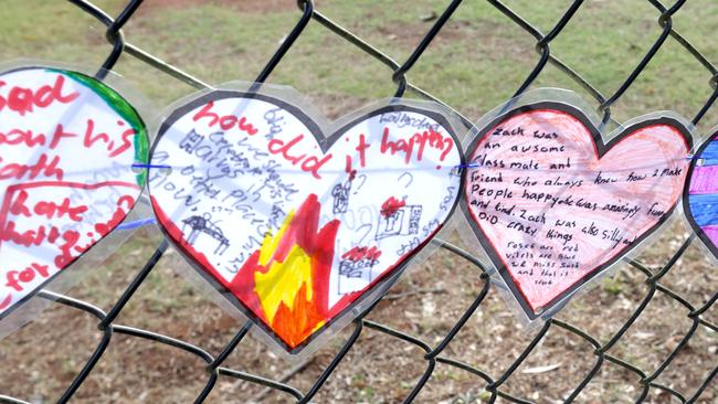 Children have made heart-shaped tributes at the site. Picture: Steve Pohlner