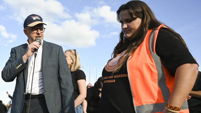 Prime Minister Anthony Albanese speaking with No More! event organiser Sarah Williams on right during the National Rally Against Violence march in Canberra. Picture: NCA NewsWire/Martin Ollman