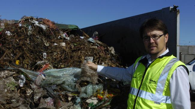 Managing director Lachlan Jeffries with unprocessed waste at Jeffries recycling and processing plant at Wingfield in 2009.