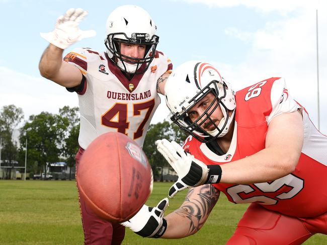 Townsville Cyclones players Ryan Worsley and Leon Suckling ahead of the 2024 Regional Queensland American Football season. Worsley is pictured in his Regional Queensland Irukandji representative jersey. Picture: Shae Beplate.