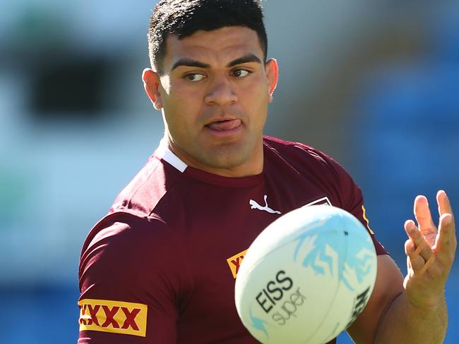 GOLD COAST, AUSTRALIA - JUNE 04: David Fifita passes during a Queensland Maroons State of Origin training session at Cbus Super Stadium on June 04, 2021 in Gold Coast, Australia. (Photo by Chris Hyde/Getty Images)