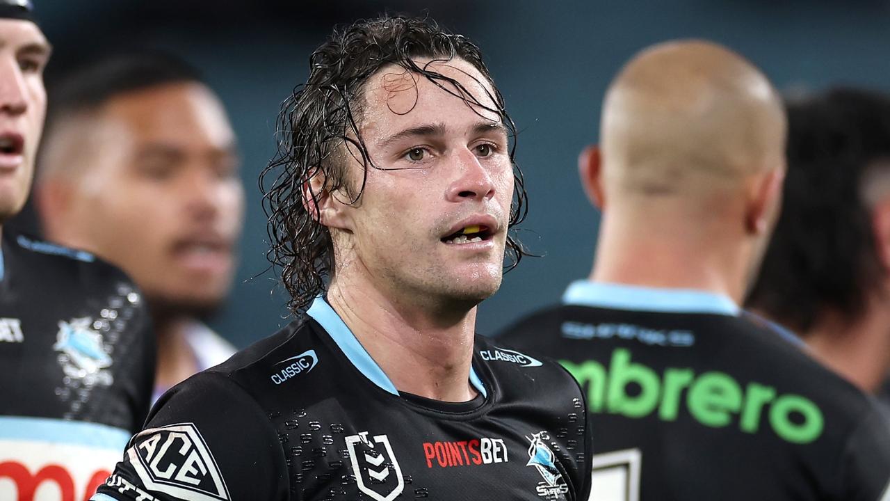 Nicho Hynes of the Sharks reacts during the round 17 NRL match between Canterbury Bulldogs and Cronulla Sharks at Accor Stadium on June 28, 2024, in Sydney, Australia. (Photo by Cameron Spencer/Getty Images)