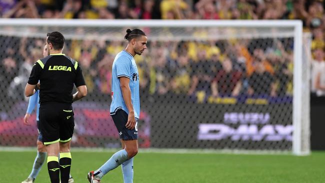 Sydney FC’s Jack Rodwell leaves the field after being sent off on Friday night. Picture: Cameron Spencer/Getty Images