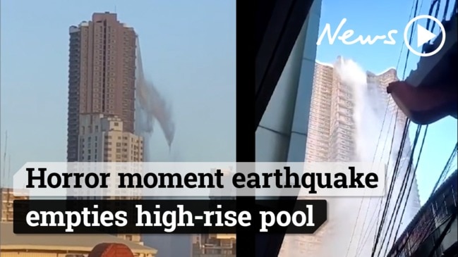 Incredible moment an earthquake shakes water out of a high-rise swimming pool