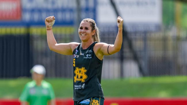 St Mary's vice captain Jemma Iacono celebrates a win against Nightcliff in the 2023-24 NTFL season. Picture: Patch Clapp / AFLNT Media