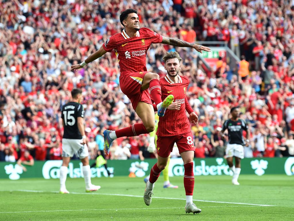 Luis Diaz celebrates scoring Liverpool’s second goal. Picture: AFP