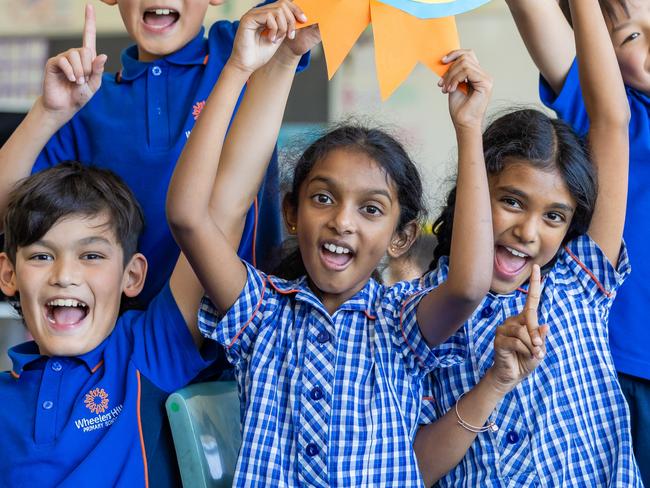 L-r Jake 9, Mason 9, Yaash 9, Lohitha  9, Stanley 9This Wheelers Hill Primary class scored highest on the Schools Naplan results. Picture: Jason Edwards