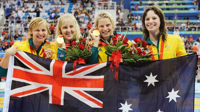 Trickett at the 2008 Beijing Olympics with teammates Jessicah Schipper, Leisel Jones and Emily Seebohm. (Picture: Supplied)