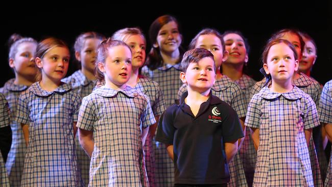 St Therese Primary School students performing at the Geelong Schools Music and Movement Festival. Picture: Alison Wynd
