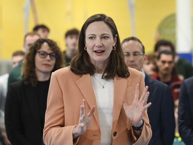 Former Australian swimmer Cate Campbell was the funding announcement alongside Prime Minister Anthony Albanese, and Minister for Sport Anika Wells. Picture: NewsWire / Martin Ollman