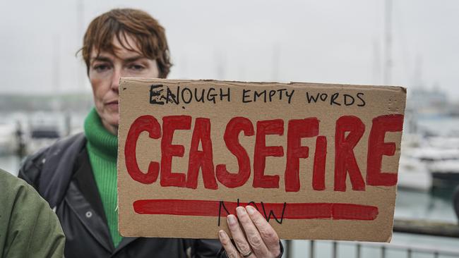 Protesters demand a ceasefire in Israel after the aid workers’ deaths. Picture: Getty Images.